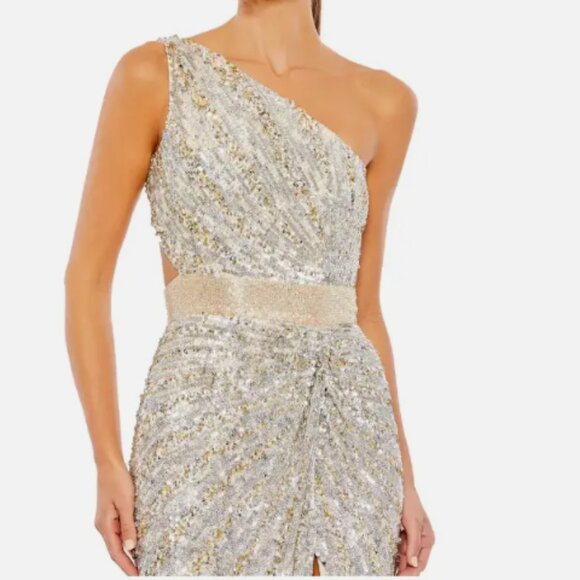 MAC DUGGAL ONE SHOULDER SEQUIN BEADED LACE-UP BACK NUDE SILVER GOWN sz 6 - Picture 4 of 8